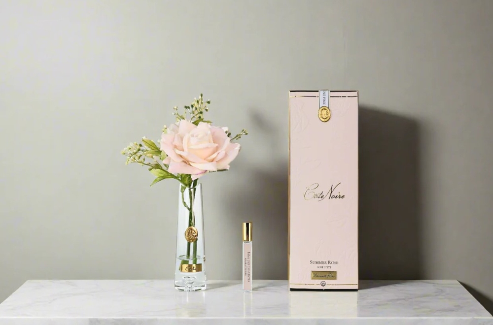 Trandafir parfumat în vază transparenă Summer Rose Pink